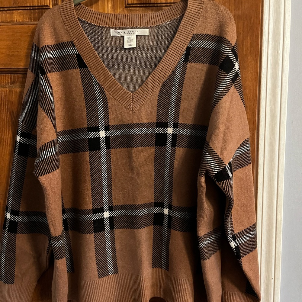 Max Studio Brown Plaid V-Neck Sweater with Black and Cream Stripes
